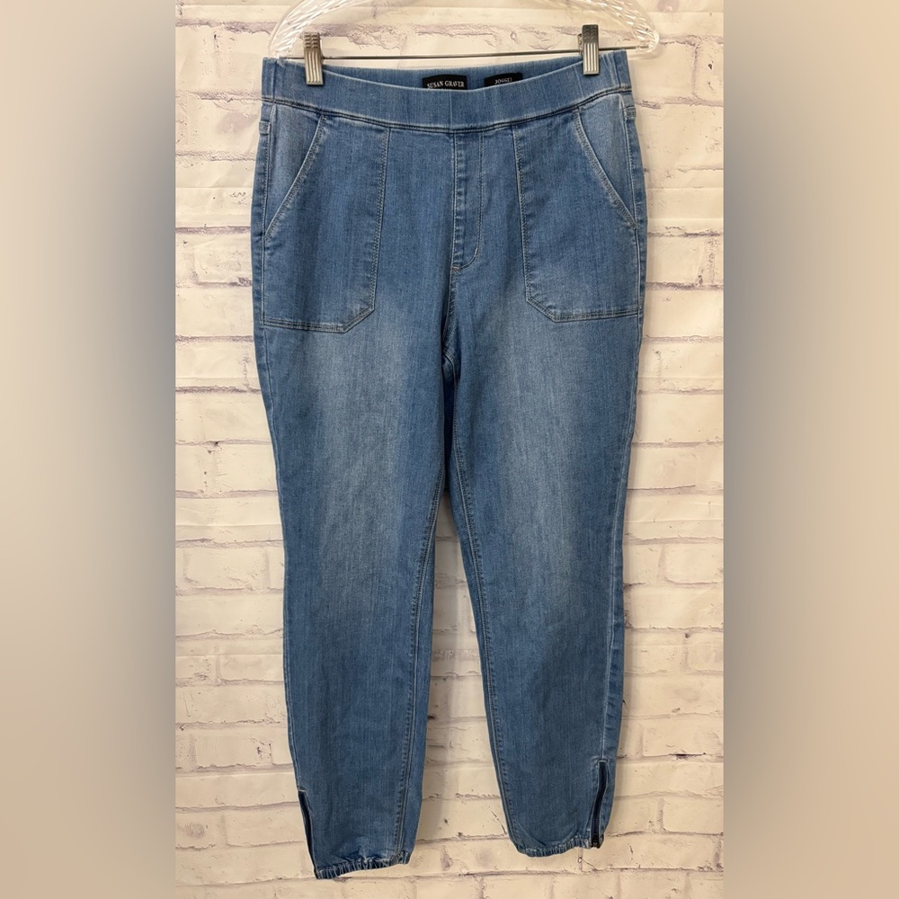 Susan Graver Jogger Blue Stretch Jeans Women’s Size 12 Ankle Zip Pull On